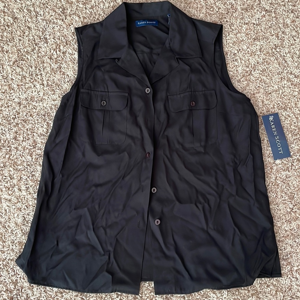 Karen Scott | Black Sleeveless Button-Up Collared Blouse